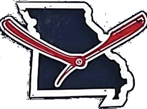 The Missouri Barber Company emblem: the outline of Missouri with a straight razor across it.